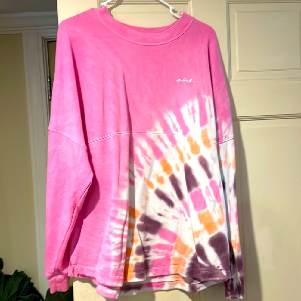 Pink by Victoria’s Secret varsity crewneck embroidered tie dye